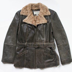 St Johns Bay Distressed Genuine Leather Coat Moto Jacket Faux Fur Womens Sz M